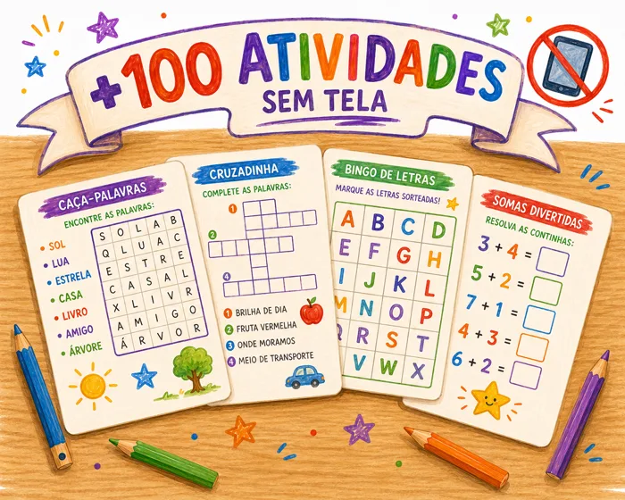 +100 atividades sem tela: caça-palavras, cruzadinha, bingo de letras e somas divertidas